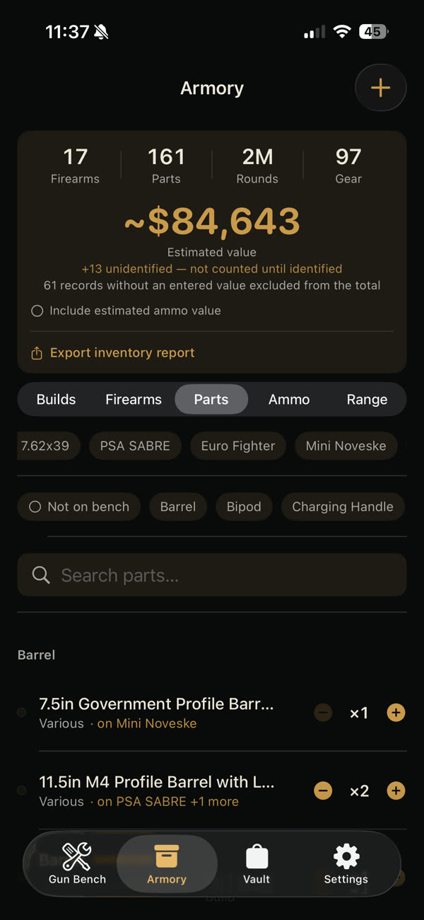 The Armory's Parts tab: 17 firearms, 161 parts, rounds and gear counted, an estimated collection value, and an Export inventory report button