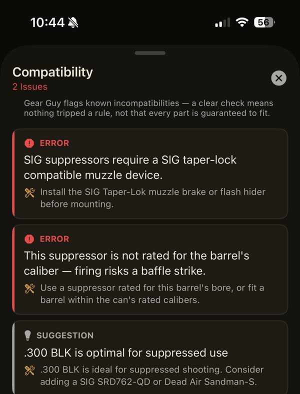 Compatibility sheet on a SIG MCX: a SIG can needs a Taper-Lok muzzle device, and the can is not rated for the barrel's caliber