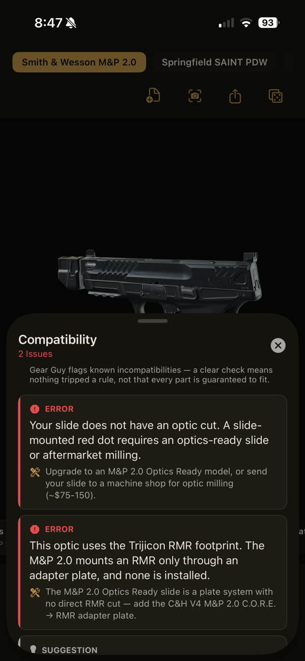 Compatibility sheet on an M&P 2.0: the slide has no optic cut, and the RMR-footprint optic needs an adapter plate that is not installed