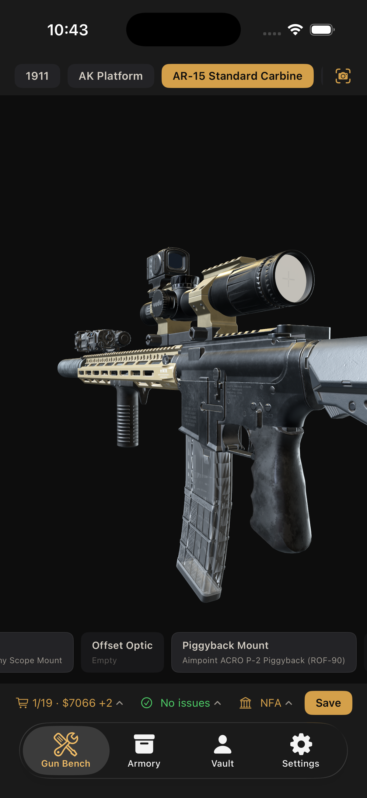 Close 3/4 view of a DMR build with LPVO and Aimpoint ACRO piggyback optic