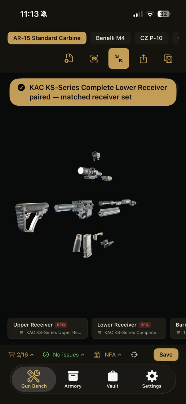 Exploded view on the Gear Guy bench with a toast reading: KAC KS-Series Complete Lower Receiver paired — matched receiver set