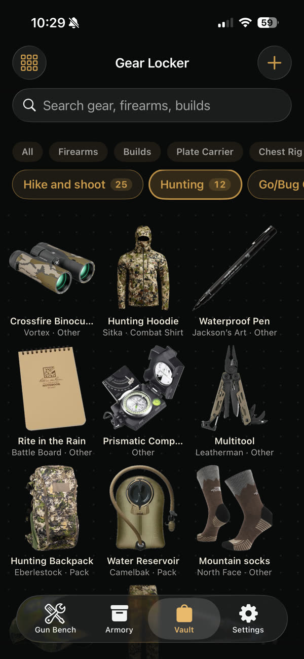 The Gear Locker filtered to a Hunting loadout: binoculars, a hoodie, a pen, a field notebook, a compass, a multitool, a pack, a reservoir and socks