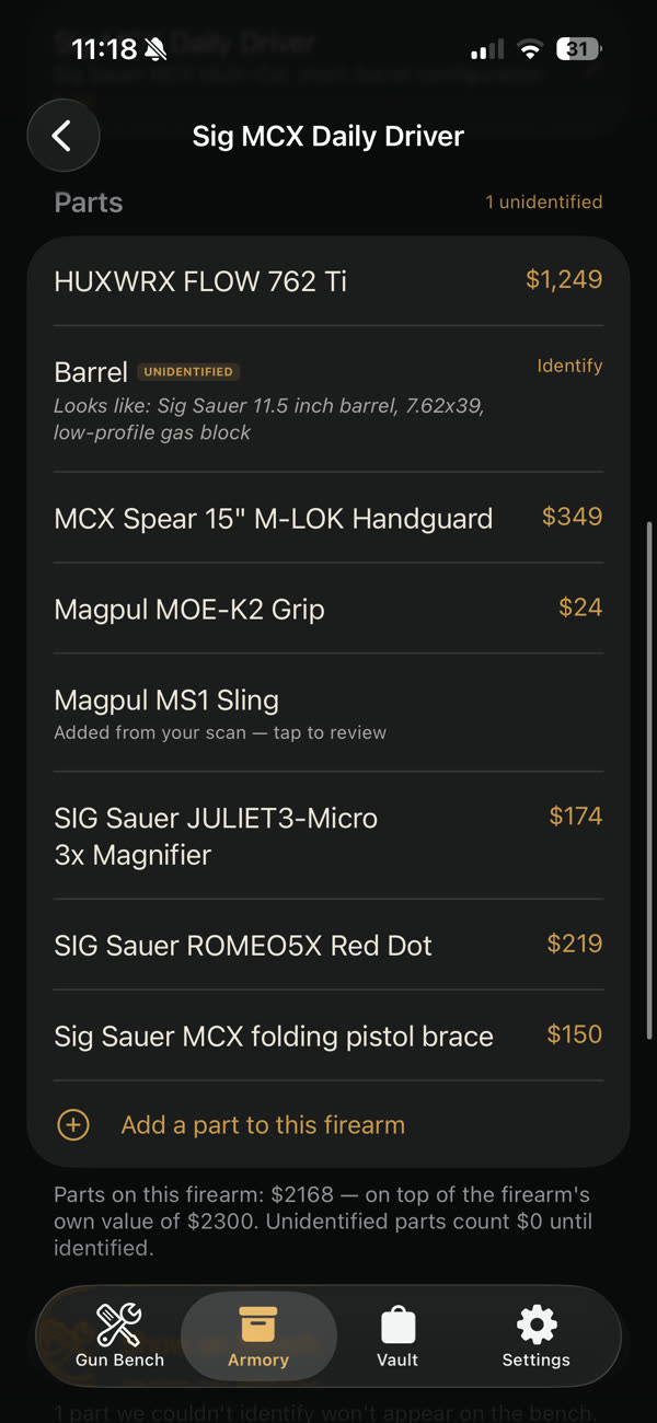 The same record's parts list: suppressor, handguard, grip, sling, magnifier, red dot and brace, priced, with one part marked unidentified