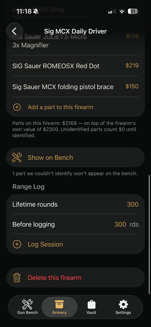 The same record's Show on Bench button and range log with lifetime rounds