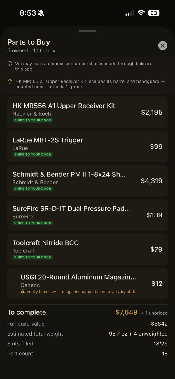 Parts to Buy: 5 owned, 11 to buy, $7,649 to complete, full build value $8,842, estimated total weight 95.7 oz